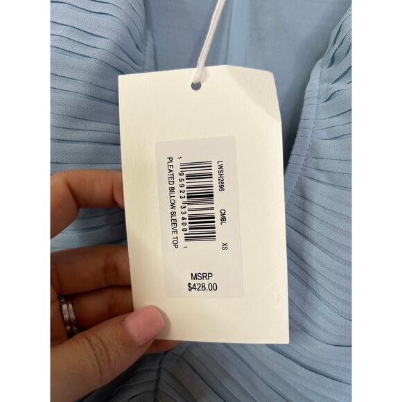 NWT Frame Pleated Billow Sleeve V-Neck Long Sleeve Blouse Top Chambray Blue - Picture 6 of 8